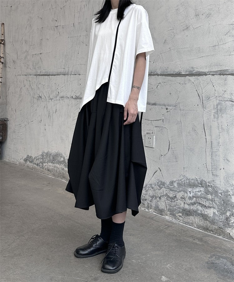 設計款/ 夏季寬鬆不規則拼接短袖T卹