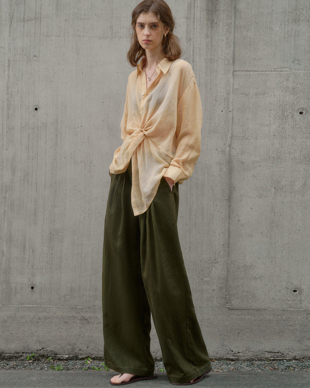 天絲麻|垂寬版打褶寬直筒通勤褲『不退不換』