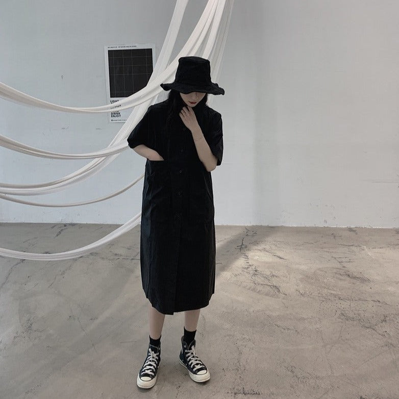 經典設計款/襯衫型大口袋設計文青風寬洋裝