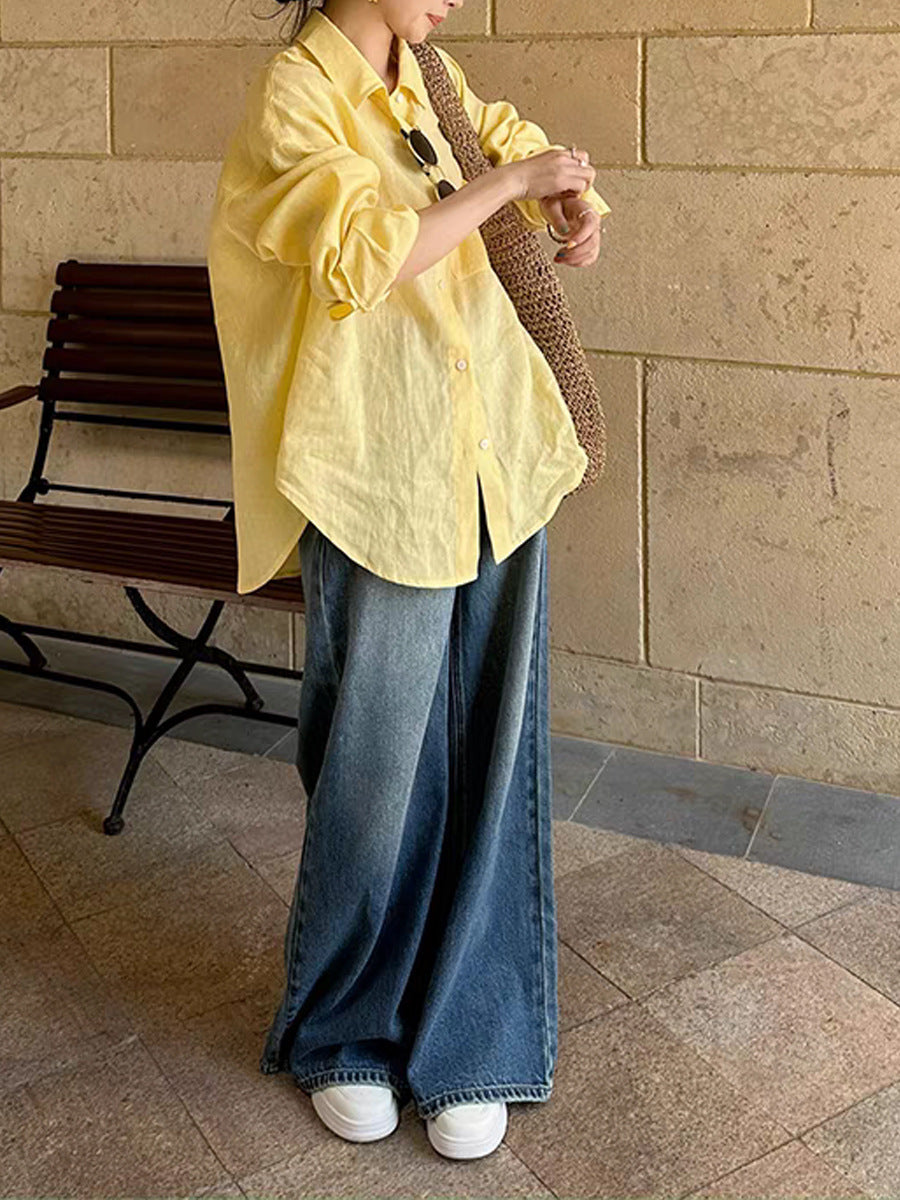 活力黃100%韓版亞麻薄款防曬襯衫