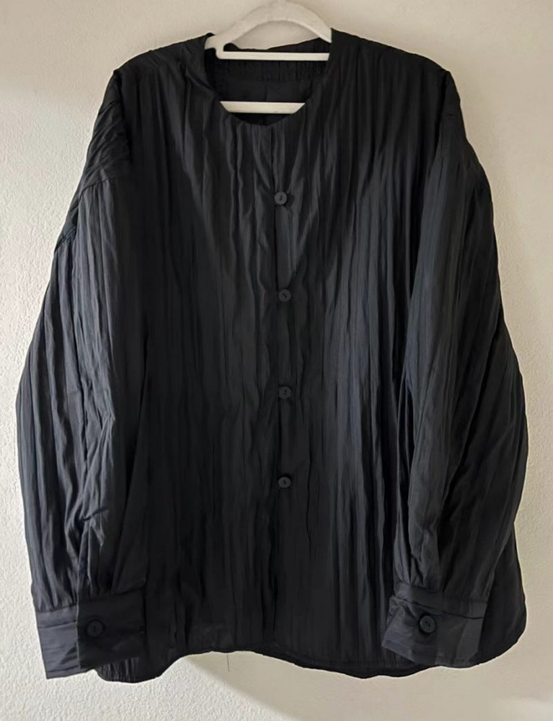 抓皺薄夾棉圓領休閒長版外套