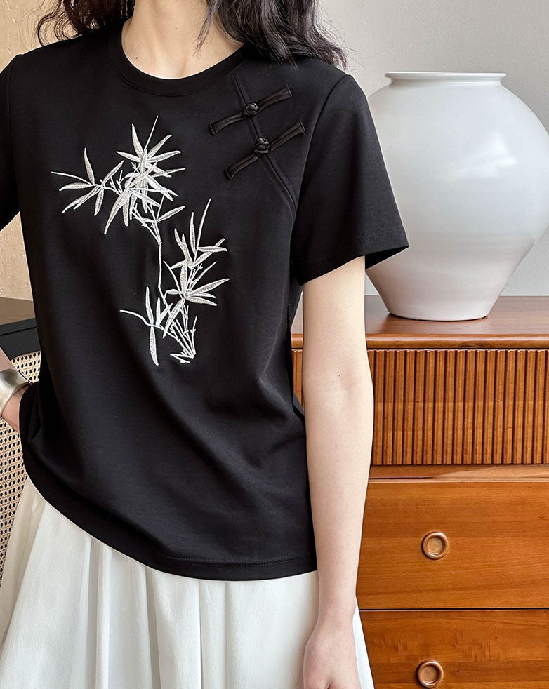 盤釦設計竹子刺繡短袖T-Shirt