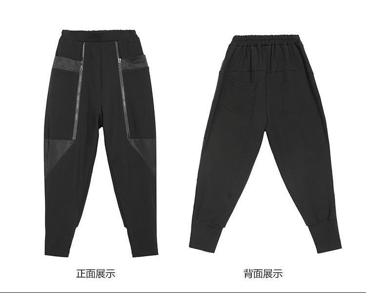 秋冬拉鍊拼接設計款個性縮口褲8857