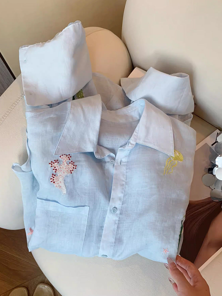 海洋之愛~重工刺繡亞麻防曬襯衣