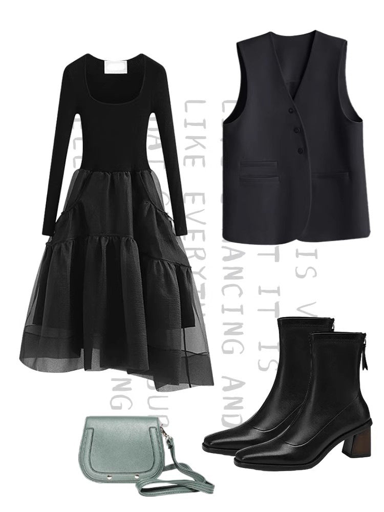 秋季百搭小V領中長版西裝背心