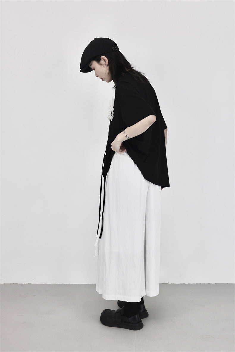 日系暗黑風垂墜寬版疊穿裙褲(白)
