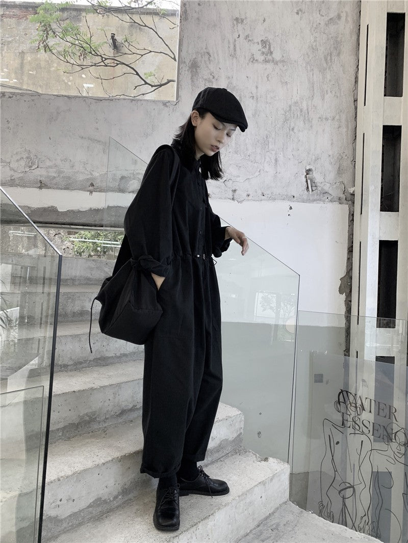 經典款|日系腰間抽繩設計長袖高腰工裝連衣褲