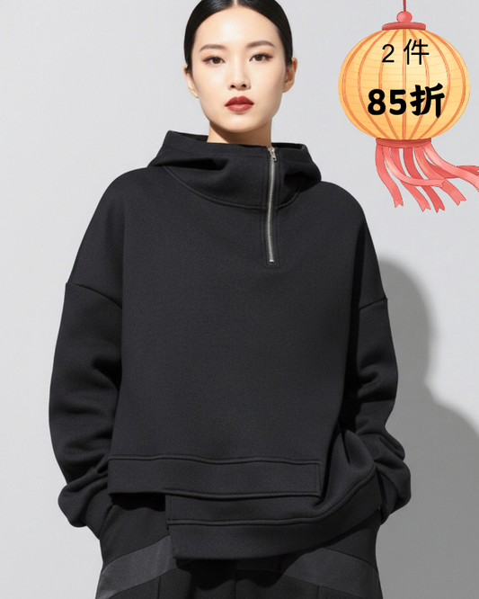 內磨毛不對稱設計款連帽衛衣