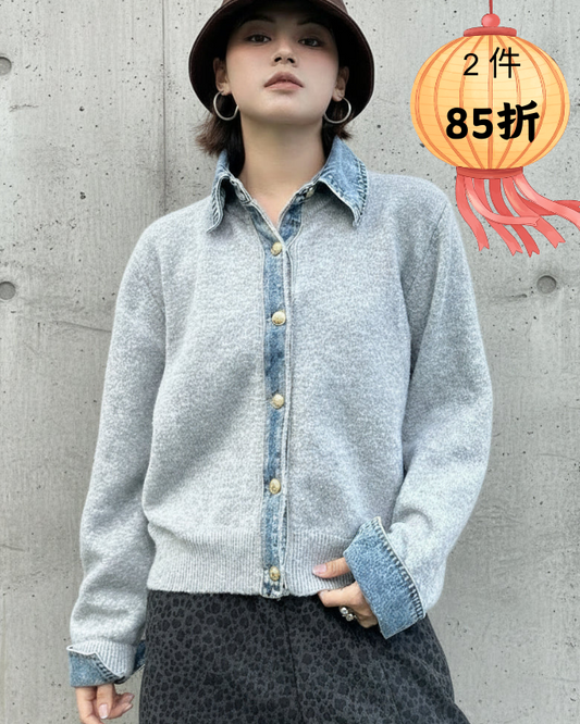 城市風格牛仔領毛衣外套