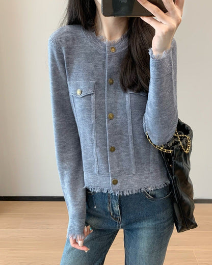 貴婦感｜灰藍色花紗針織流蘇開衫外套