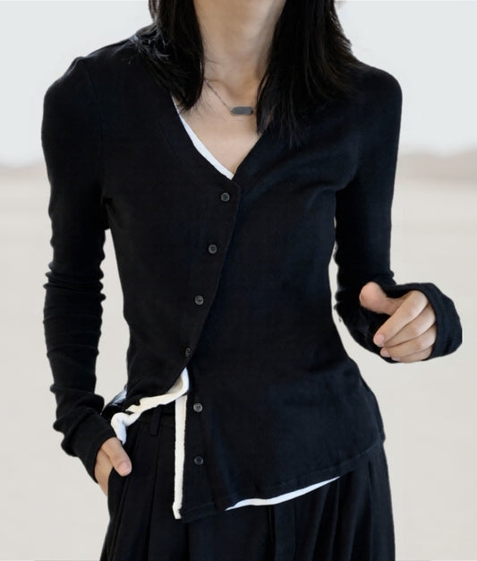 假兩件斜門襟設計款T恤