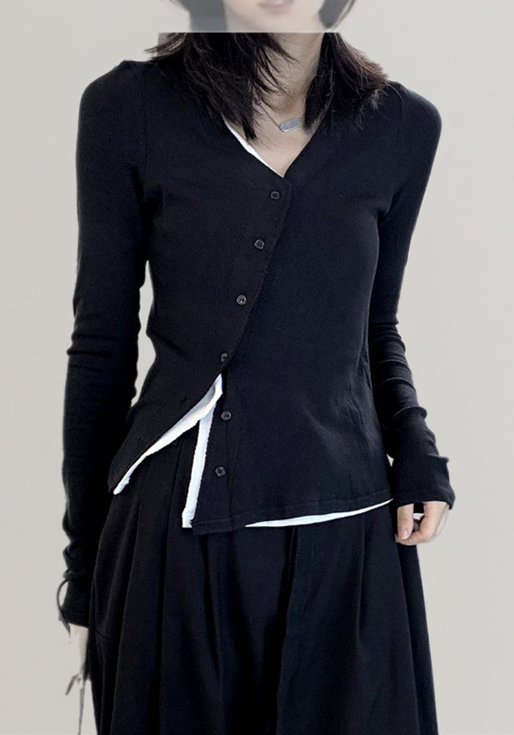 假兩件斜門襟設計款T恤