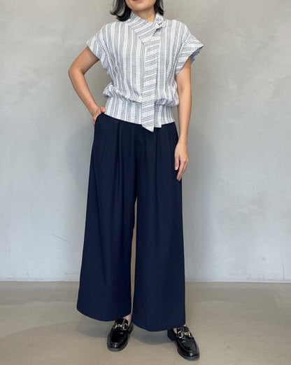 藏青細紡棉麻/夏日海洋鬆弛風九分寬褲