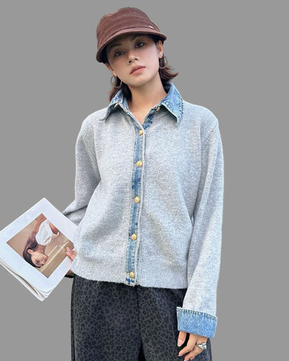 城市風格牛仔領毛衣外套