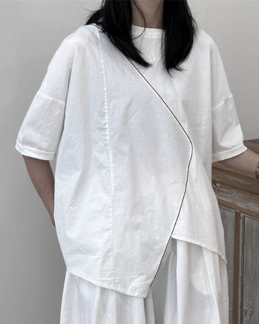 2026 Chic設計款/ 雙材質下擺不规则Ｔ恤