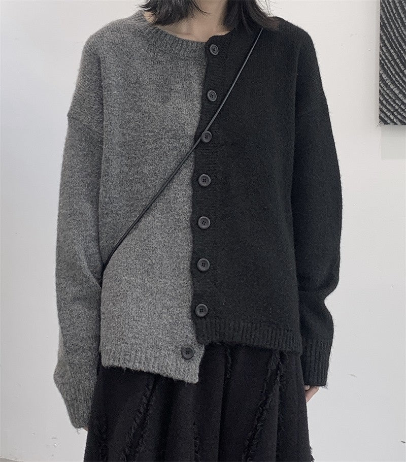 情侶款寬鬆黑灰拼接毛衣外套