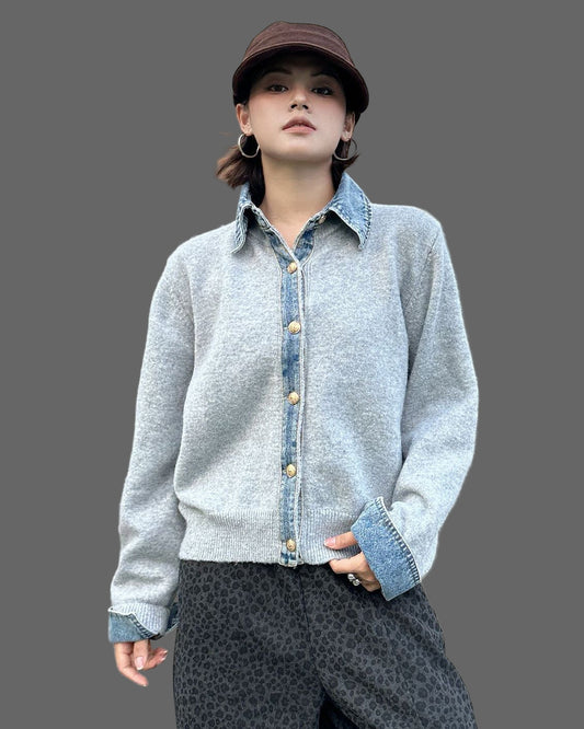 城市風格牛仔領毛衣外套