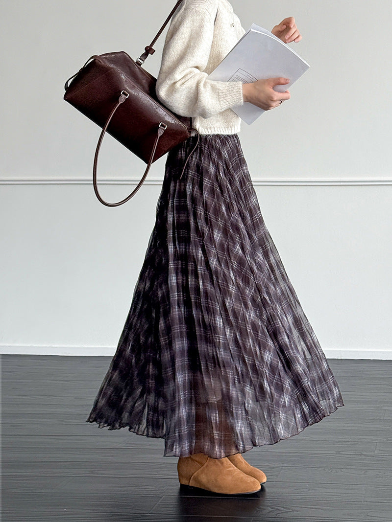 格子網紗不規則垂墜感紗裙