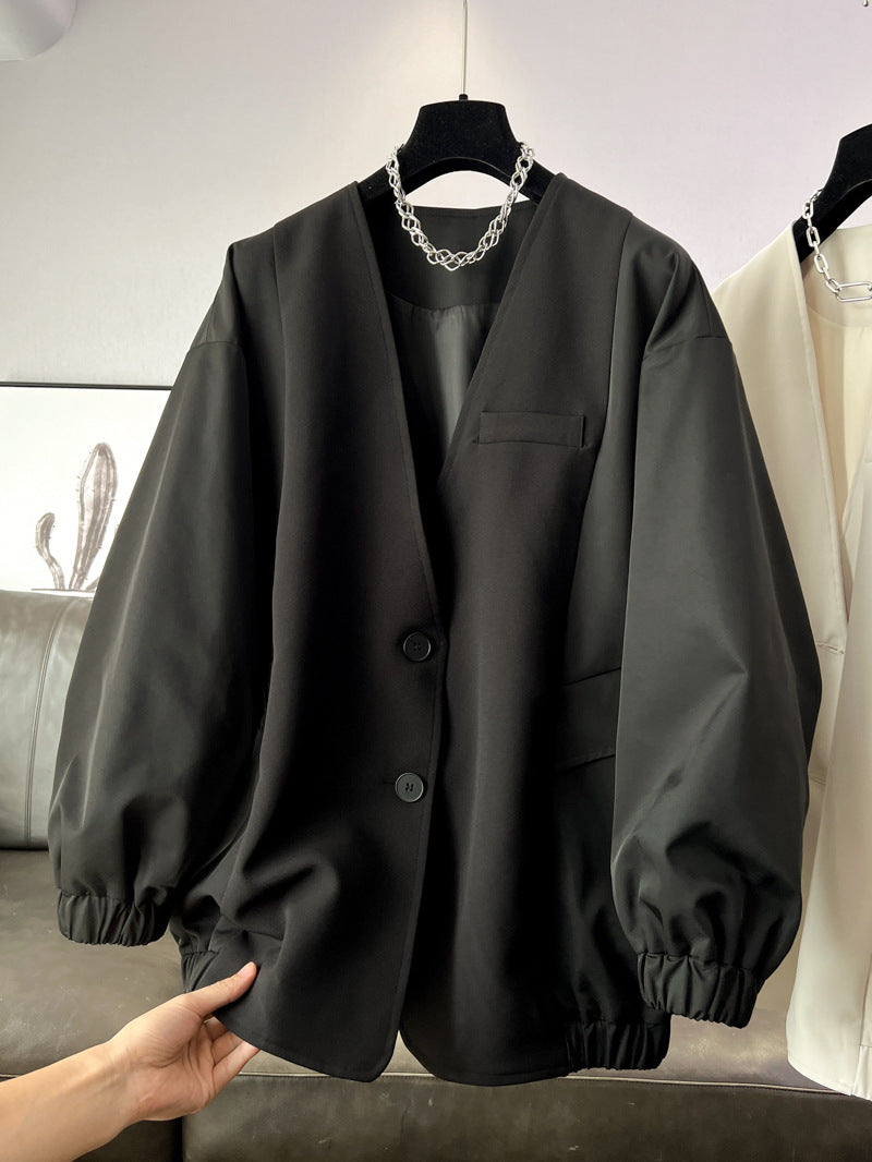 時尚設計V領寬鬆外套中版風衣