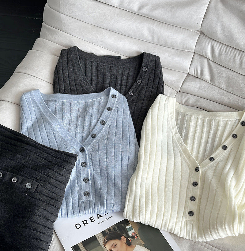 V領質感彈力直條開釦上衣
