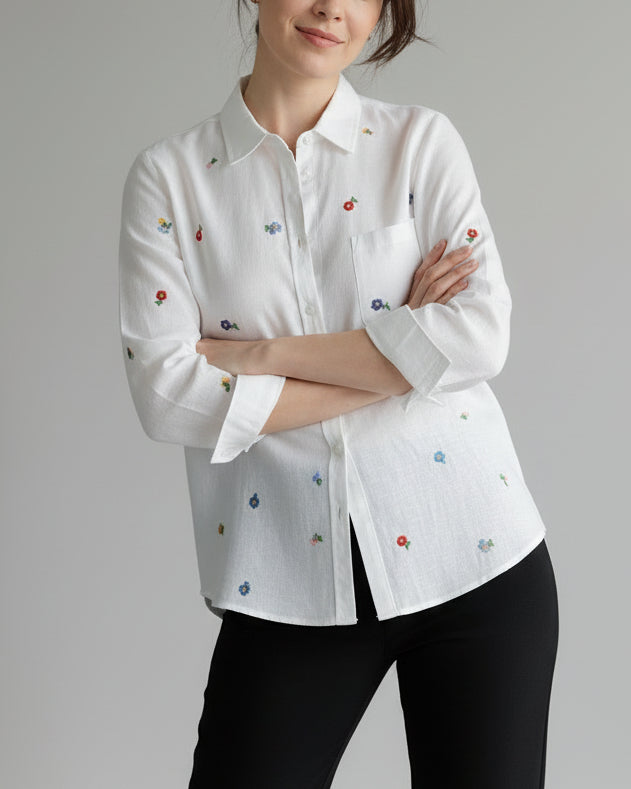 春之喜～花朵刺绣棉麻长袖上衣