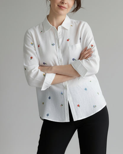 春之喜～花朵刺绣棉麻长袖上衣