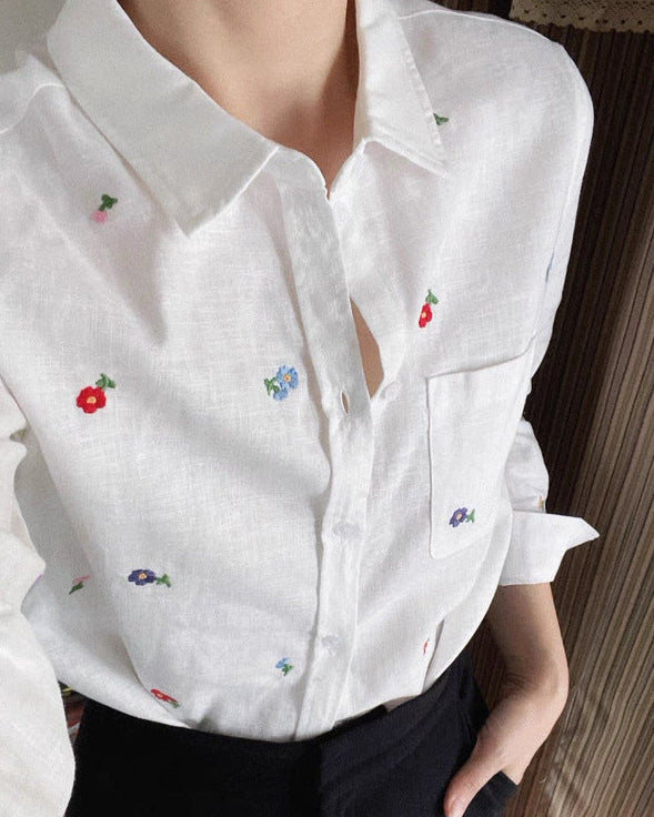 春之喜～花朵刺绣棉麻长袖上衣