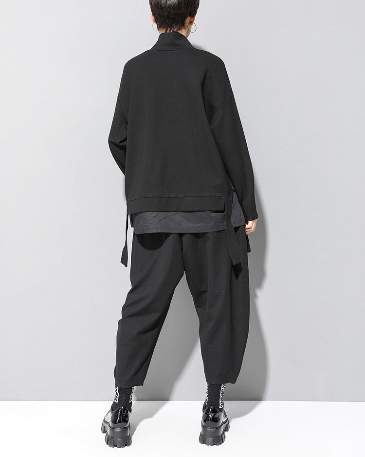 寬鬆層次拼接立領直版造型Ｔ恤