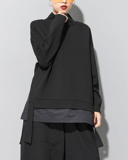 寬鬆層次拼接立領直版造型Ｔ恤