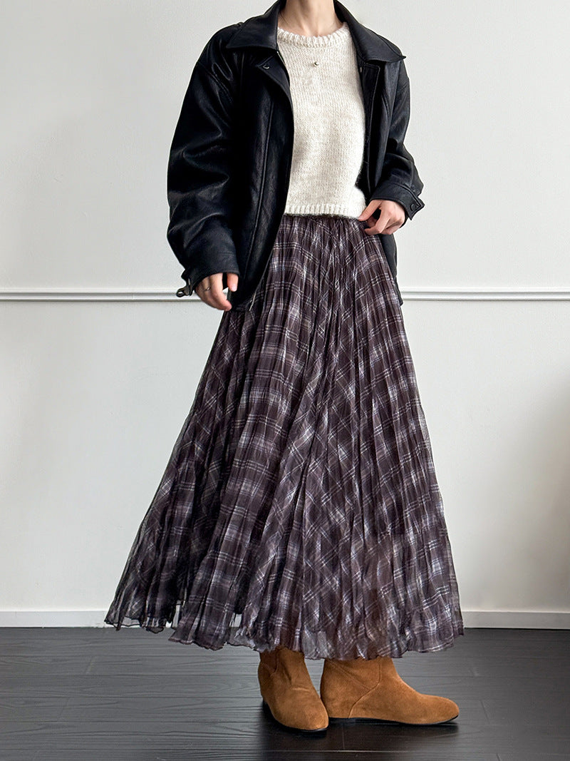 格子網紗不規則垂墜感紗裙