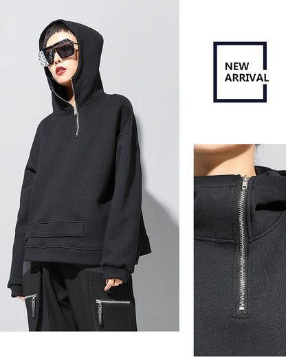 設計款加絨保暖連帽短衛衣