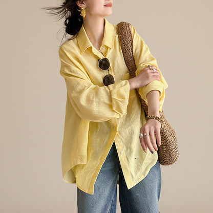 活力黃100%韓版亞麻薄款防曬襯衫