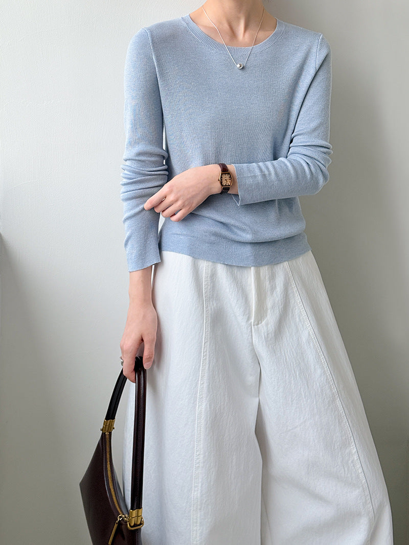 秋冬新款/圓領百搭包色薄毛衣-四色