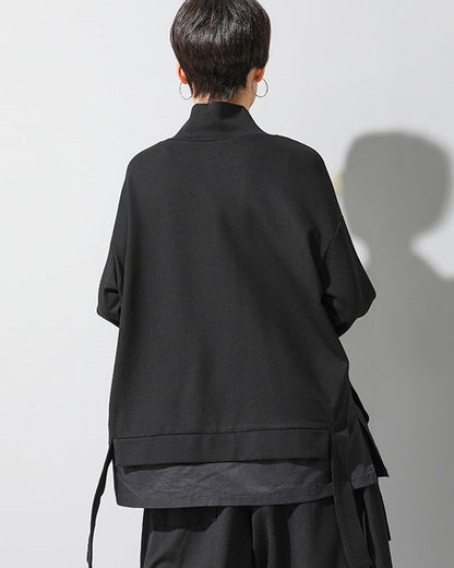 寬鬆層次拼接立領直版造型Ｔ恤