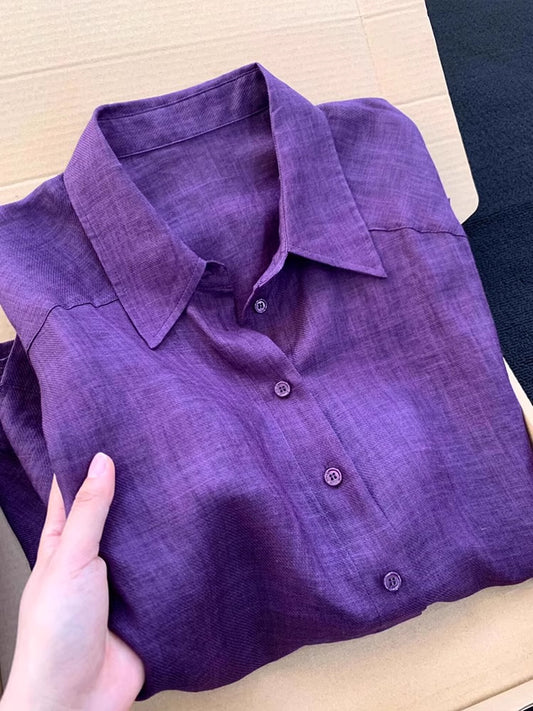 貴紫色～亞麻正肩防曬春夏襯衫