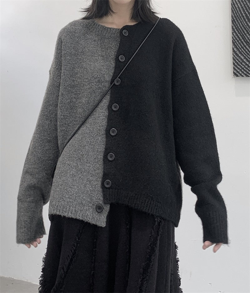 情侶款寬鬆黑灰拼接毛衣外套