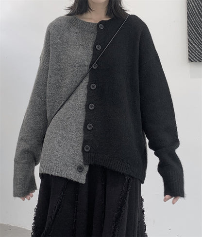 情侶款寬鬆黑灰拼接毛衣外套