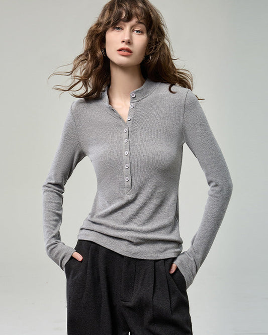 小立領開釦薄磨毛針織衫