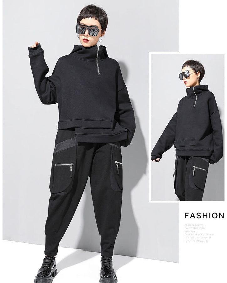 設計款加絨保暖連帽短衛衣