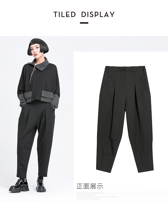 秋季拼接打褶彈力老爹褲8875