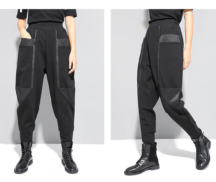 秋冬拉鍊拼接設計款個性縮口褲8857