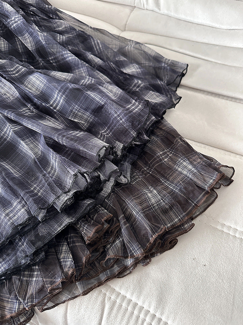 格子網紗不規則垂墜感紗裙