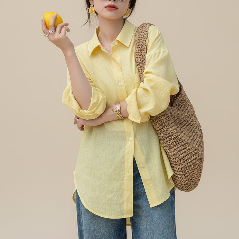 活力黃100%韓版亞麻薄款防曬襯衫