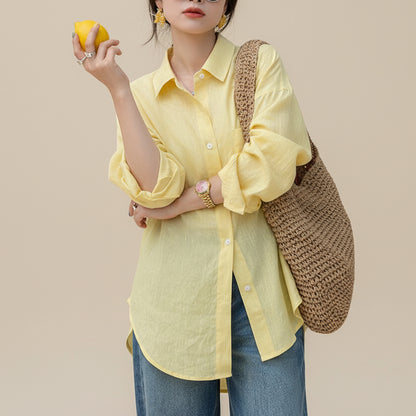 活力黃100%韓版亞麻薄款防曬襯衫