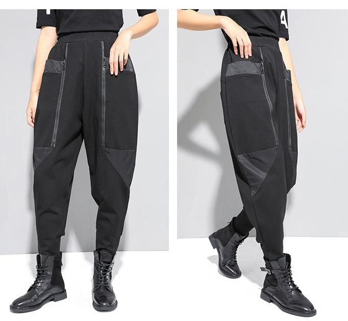 秋冬拉鍊拼接設計款個性縮口褲8857