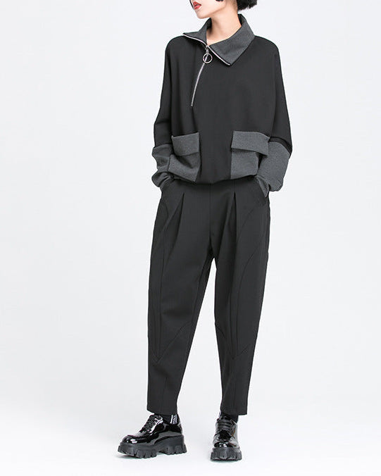 秋季拼接打褶彈力老爹褲8875