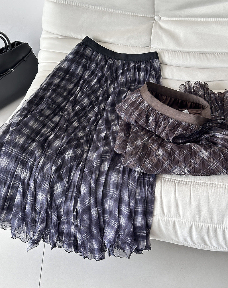 格子網紗不規則垂墜感紗裙