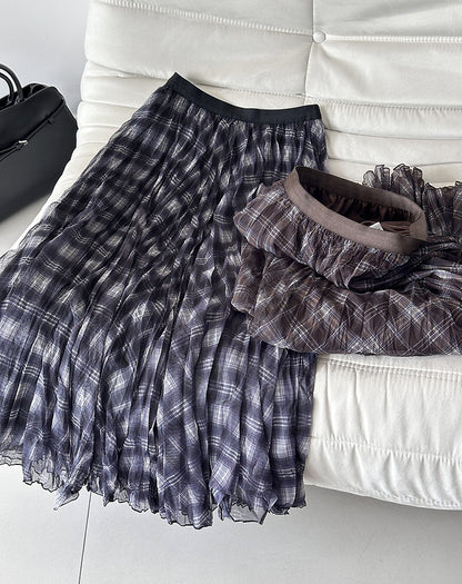 格子網紗不規則垂墜感紗裙