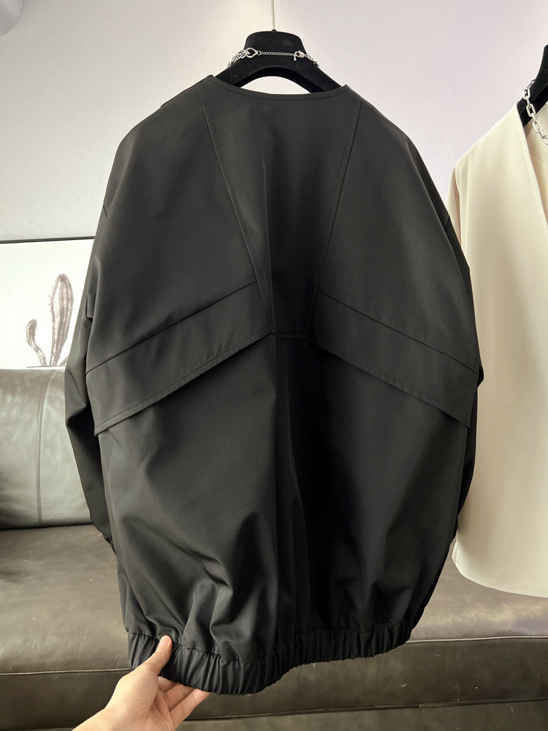 時尚設計V領寬鬆外套中版風衣