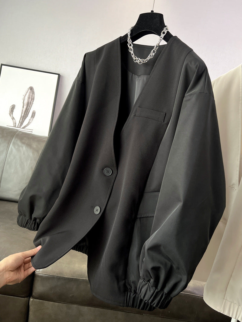 時尚設計V領寬鬆外套中版風衣